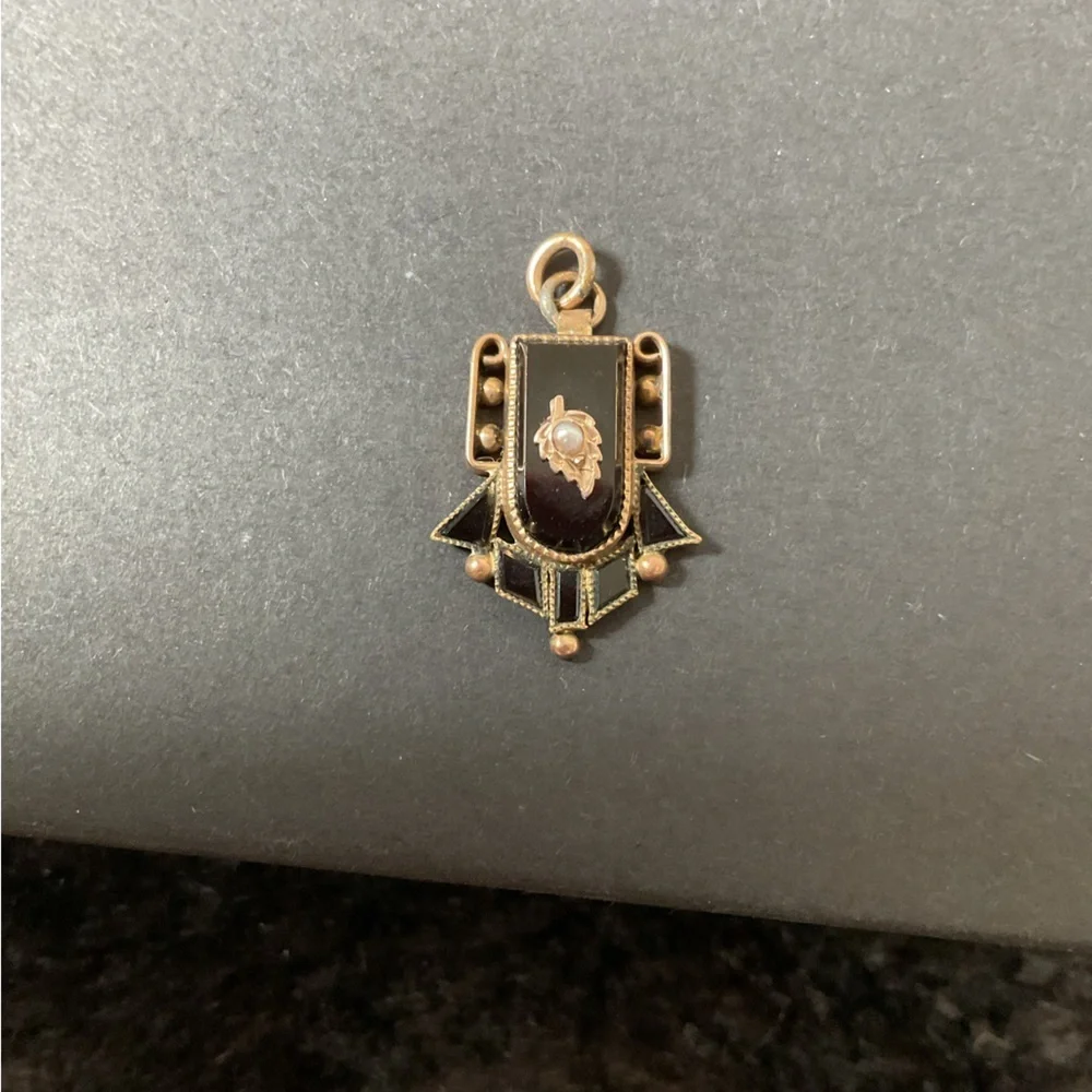 Antique Black Mourning Necklace Pendant Charm with Seed Pearl Memento Mori